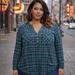 Torrid Harper Plaid Rayon Blend Top Green Blue Long Sleeve Pocket Blouse
